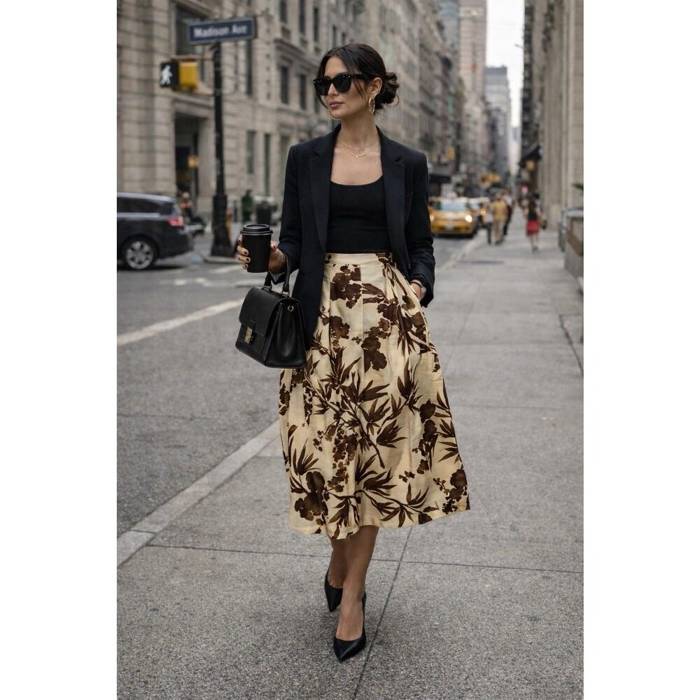 Talbot Silk Blend Pleated Midi Skirt Botanical Brown Floral Quiet Luxury Size 6